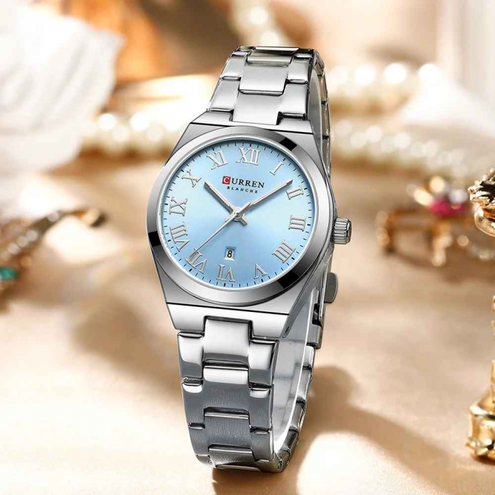 Ceas Damă CURREN 9095L Elegant, Quartz, Cadran Albastru, Brățară și Carcasă Argintie, Calendar, Rezistent la Apă 3 ATM [4]