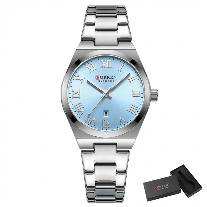 Ceas Damă CURREN 9095L Elegant, Quartz, Cadran Albastru, Brățară și Carcasă Argintie, Calendar, Rezistent la Apă 3 ATM [2]