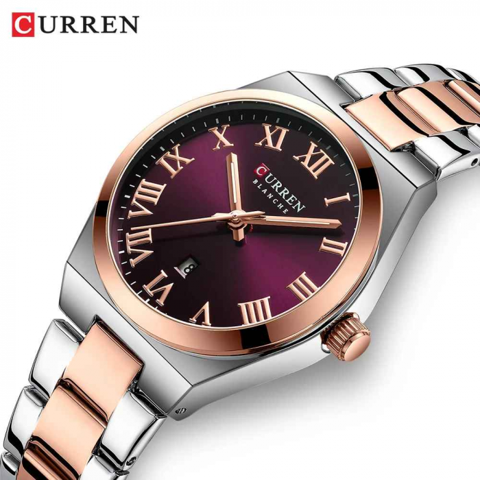 Ceas Damă CURREN 9095L Elegant, Quartz, Cadran cu Cifre Romane, Calendar, Brățară Metalică, Rezistent la Apă 3 ATM [2]