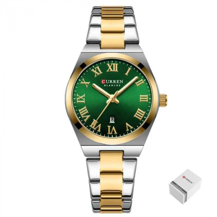 Ceas Damă CURREN 9095L Elegant, Quartz, Cadran Verde, Carcasă Aurie, Brățară Argintiu-Auriu, Calendar, Rezistent la Apă 3 ATM [3]