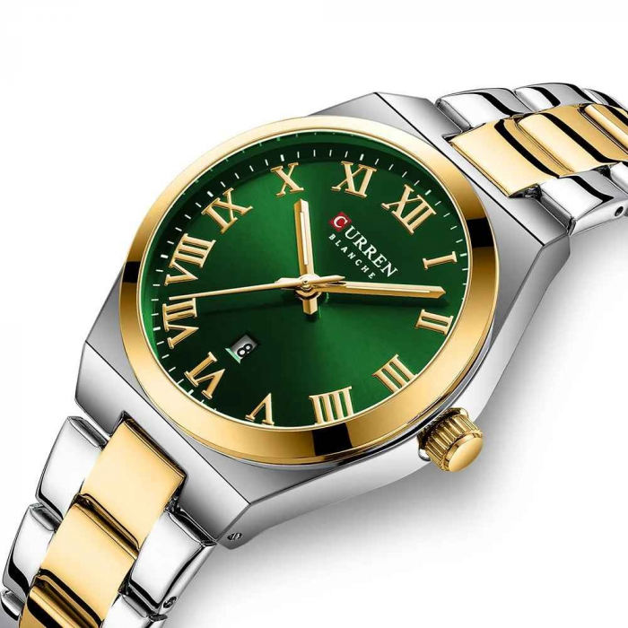 Ceas Damă CURREN 9095L Elegant, Quartz, Cadran Verde, Carcasă Aurie, Brățară Argintiu-Auriu, Calendar, Rezistent la Apă 3 ATM [2]