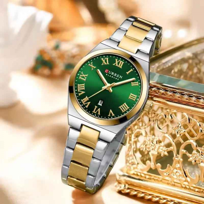 Ceas Damă CURREN 9095L Elegant, Quartz, Cadran Verde, Carcasă Aurie, Brățară Argintiu-Auriu, Calendar, Rezistent la Apă 3 ATM [4]