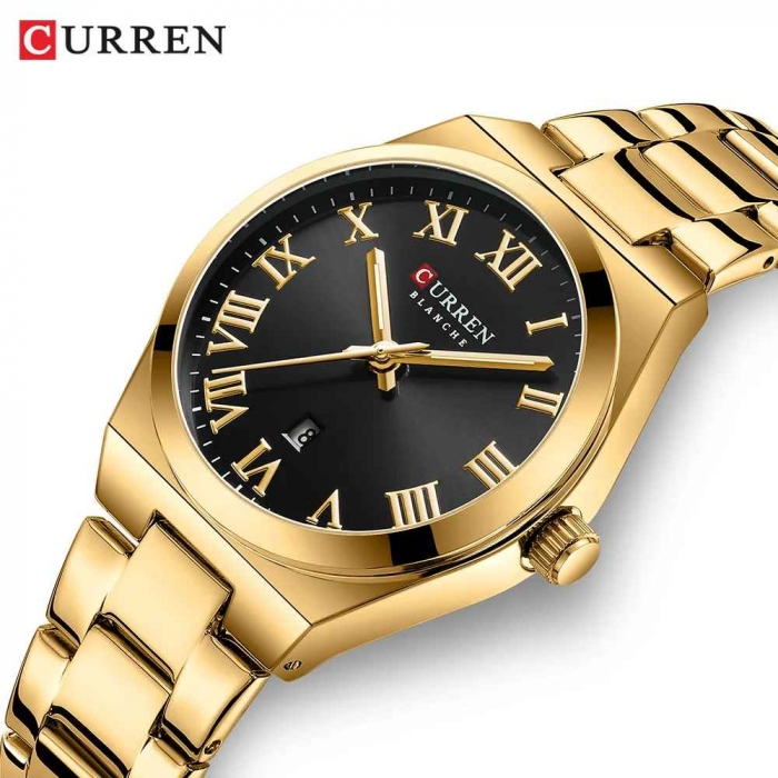 Ceas Damă CURREN 9095L Aur Complet, Cadran Negru, Quartz, Elegant cu Calendar, Brățară Metalică, Rezistent la Apă 3 ATM [2]