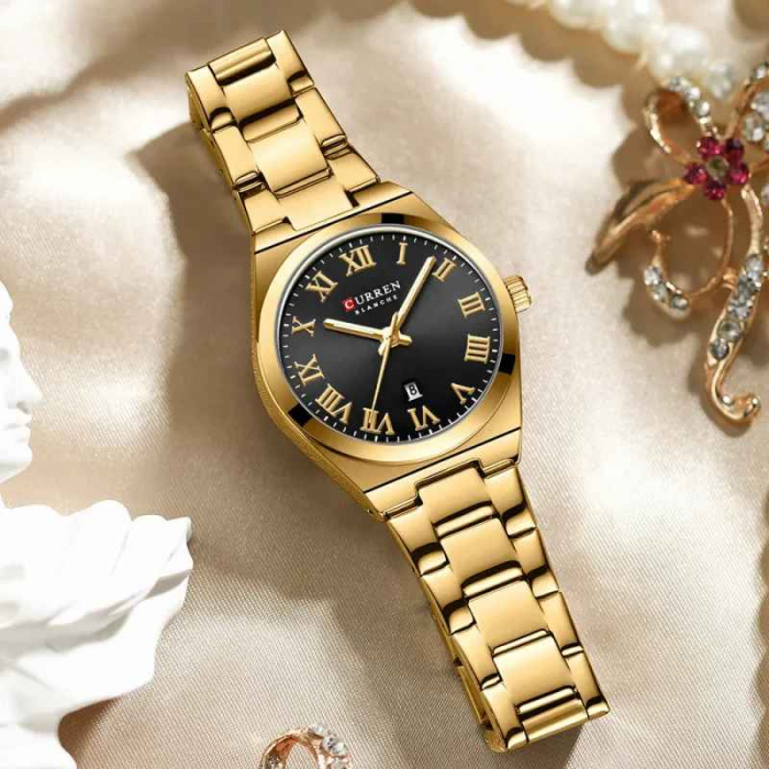 Ceas Damă CURREN 9095L Aur Complet, Cadran Negru, Quartz, Elegant cu Calendar, Brățară Metalică, Rezistent la Apă 3 ATM [3]