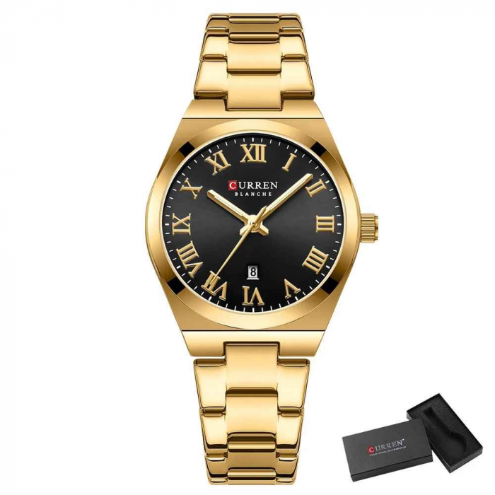 Ceas Damă CURREN 9095L Aur Complet, Cadran Negru, Quartz, Elegant cu Calendar, Brățară Metalică, Rezistent la Apă 3 ATM [4]