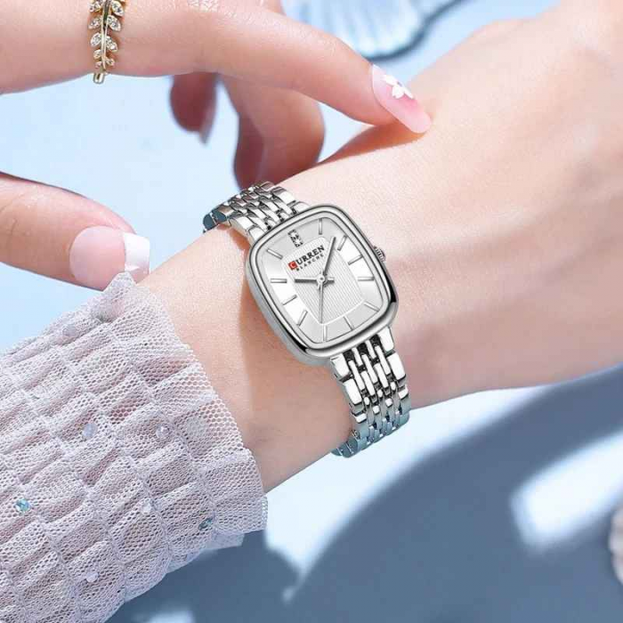 Ceas Damă CURREN Argintiu cu Cadran Alb – Ceas Rectangular Elegant, Quartz, Brățară din Oțel Inoxidabil [3]