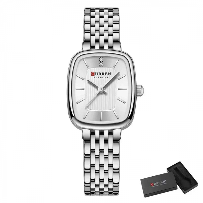 Ceas Damă CURREN Argintiu cu Cadran Alb – Ceas Rectangular Elegant, Quartz, Brățară din Oțel Inoxidabil [2]