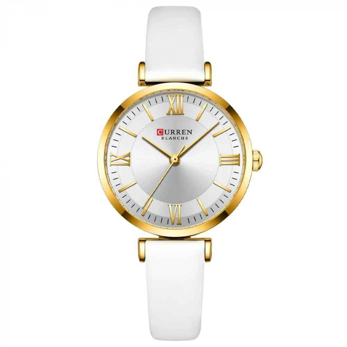 Ceas Damă CURREN 9079 Alb-Auriu – Ceas Elegant cu Brățară din Piele Albă, Cadran Alb și Carcasă Aurie [1]
