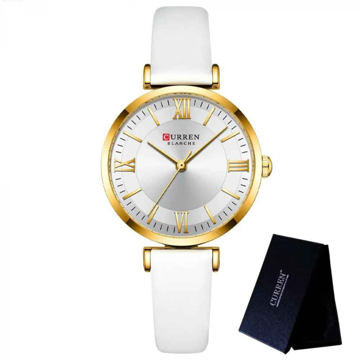 Ceas Damă CURREN 9079 Alb-Auriu – Ceas Elegant cu Brățară din Piele Albă, Cadran Alb și Carcasă Aurie [3]