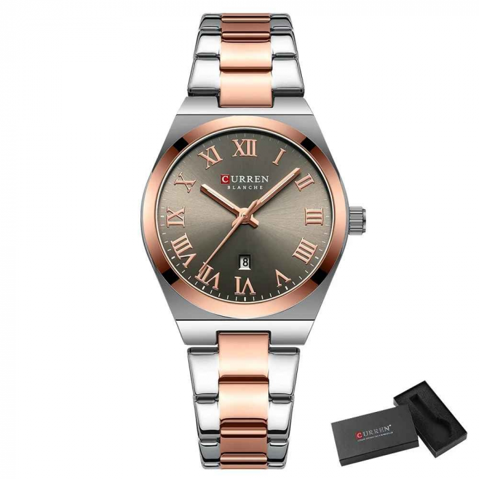 Ceas Damă CURREN Elegant, Quartz, Cadran cu Cifre Romane, Brățară din Oțel Inoxidabil, Calendar, Rezistent la Apă [4]