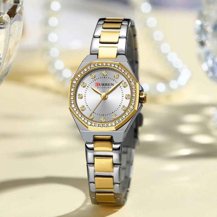 Ceas Damă CURREN Quartz Elegant cu Cadran Alb, Carcasă Aurie și Brățară Auriu-Alb – Accesoriu Chic și Versatil [4]
