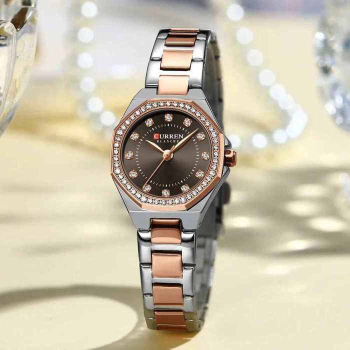 Ceas Damă CURREN Quartz Elegant cu Brățară din Oțel Inoxidabil, Design Simplu cu Diamante, Culoare Maro-Argintiu [3]