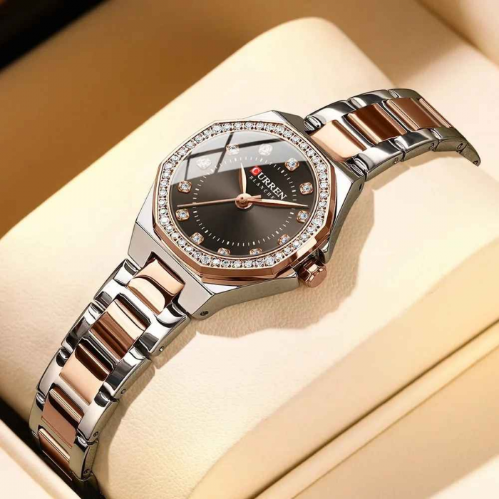 Ceas Damă CURREN Quartz Elegant cu Brățară din Oțel Inoxidabil, Design Simplu cu Diamante, Culoare Maro-Argintiu [4]