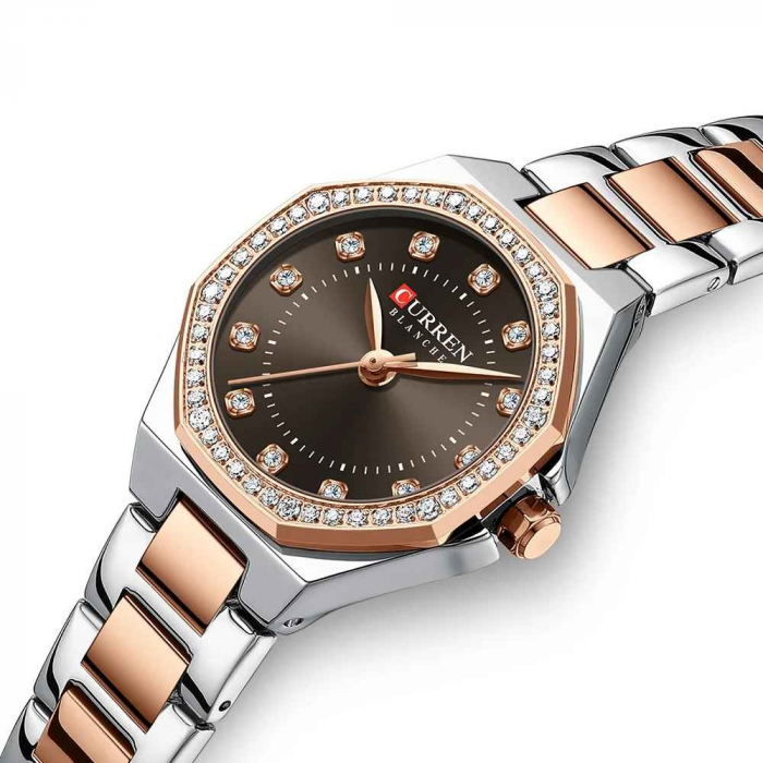 Ceas Damă CURREN Quartz Elegant cu Brățară din Oțel Inoxidabil, Design Simplu cu Diamante, Culoare Maro-Argintiu [2]