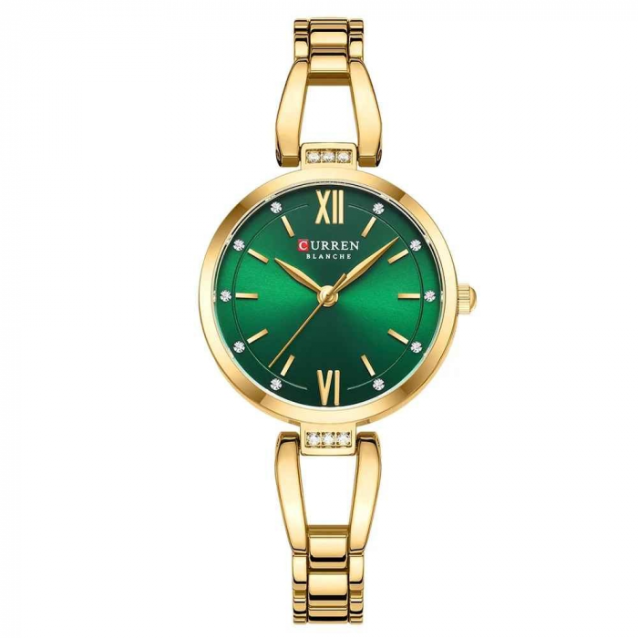 Ceas Damă CURREN, Quartz, Carcasă Aurie, Cadran Verde, Brățară Metalică Elegantă, 30mm [1]