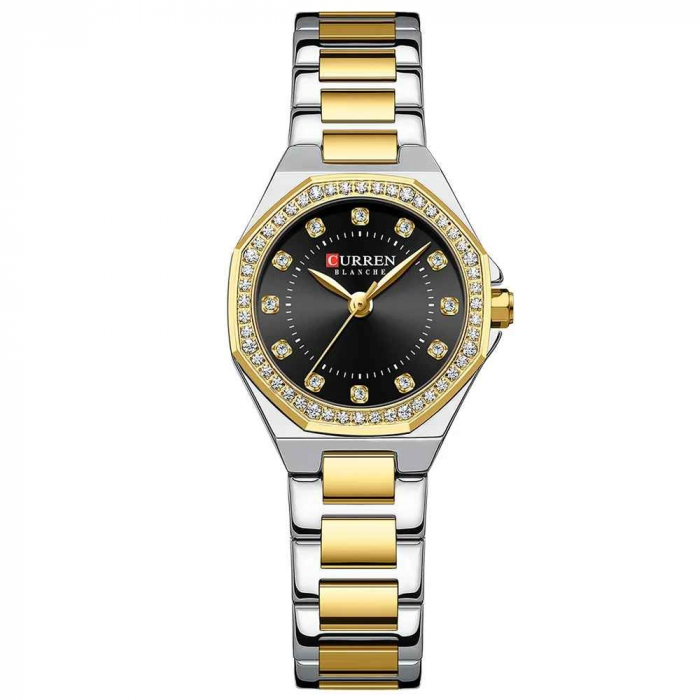 Ceas Damă CURREN 9100 Elegant cu Cadran Negru, Carcasă Aurie și Brățară Argintiu-Auriu – Stil Modern și Rafinament Clasic [1]
