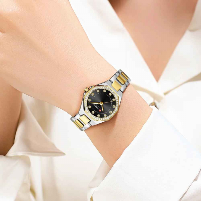 Ceas Damă CURREN 9100 Elegant cu Cadran Negru, Carcasă Aurie și Brățară Argintiu-Auriu – Stil Modern și Rafinament Clasic [3]