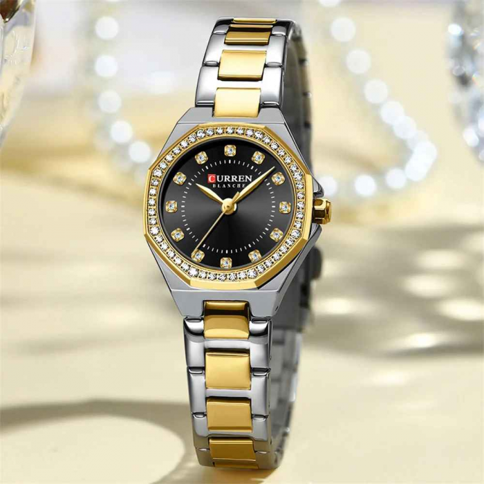 Ceas Damă CURREN 9100 Elegant cu Cadran Negru, Carcasă Aurie și Brățară Argintiu-Auriu – Stil Modern și Rafinament Clasic [5]