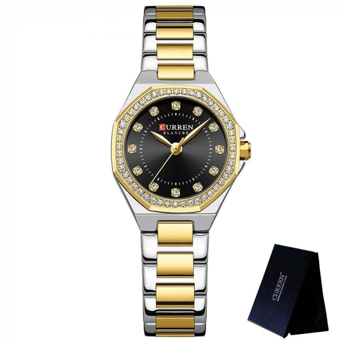 Ceas Damă CURREN 9100 Elegant cu Cadran Negru, Carcasă Aurie și Brățară Argintiu-Auriu – Stil Modern și Rafinament Clasic [2]