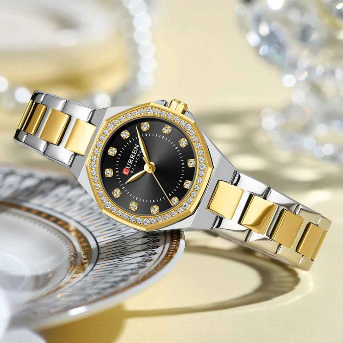 Ceas Damă CURREN 9100 Elegant cu Cadran Negru, Carcasă Aurie și Brățară Argintiu-Auriu – Stil Modern și Rafinament Clasic [4]