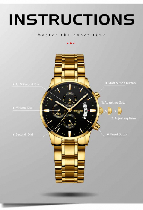 Ceas dama de mana Nibosi Elegant Fashion Casual Analog Quartz Argintiu Auriu Negru [3]