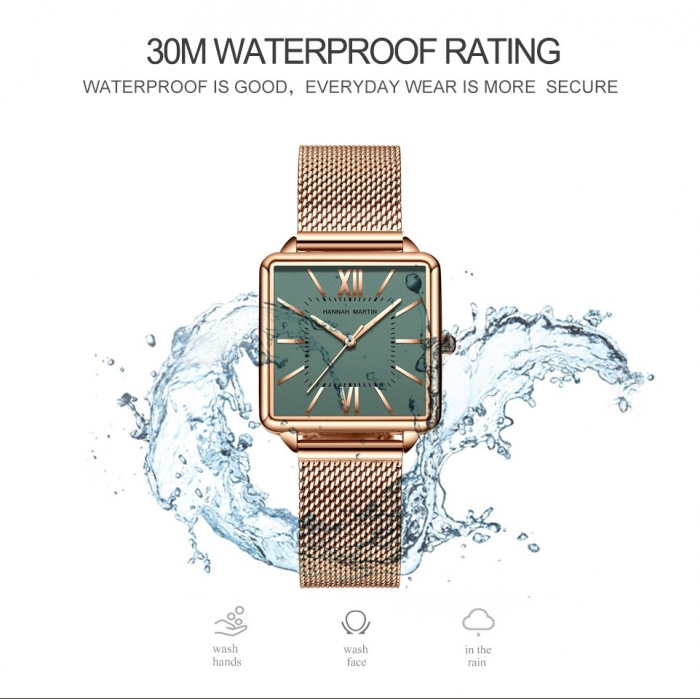 Ceas dama Hannah Martin Cadran patrat Quartz Analog Elegant Auriu verde smarald [6]