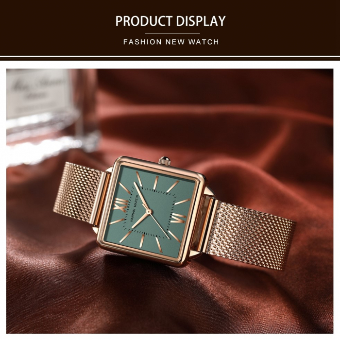 Ceas dama Hannah Martin Cadran patrat Quartz Analog Elegant Auriu verde smarald [7]