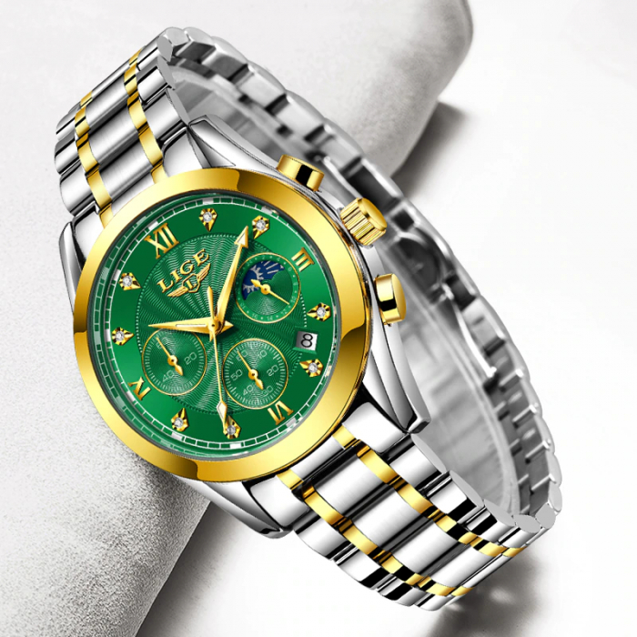Ceas dama Lige Quartz Analog Argintiu Verde Casual Afisare data [5]