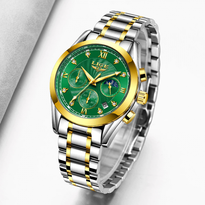 Ceas dama Lige Quartz Analog Argintiu Verde Casual Afisare data [7]