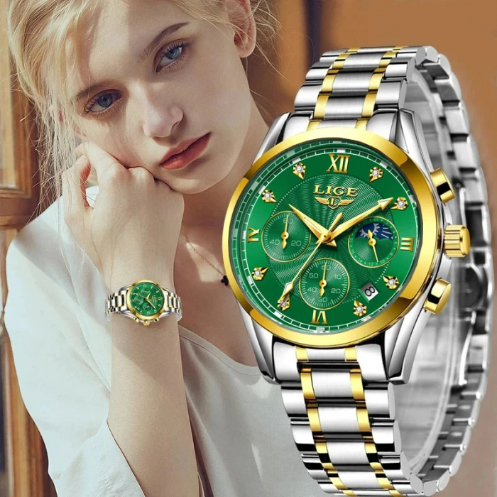 Ceas dama Lige Quartz Analog Argintiu Verde Casual Afisare data [4]