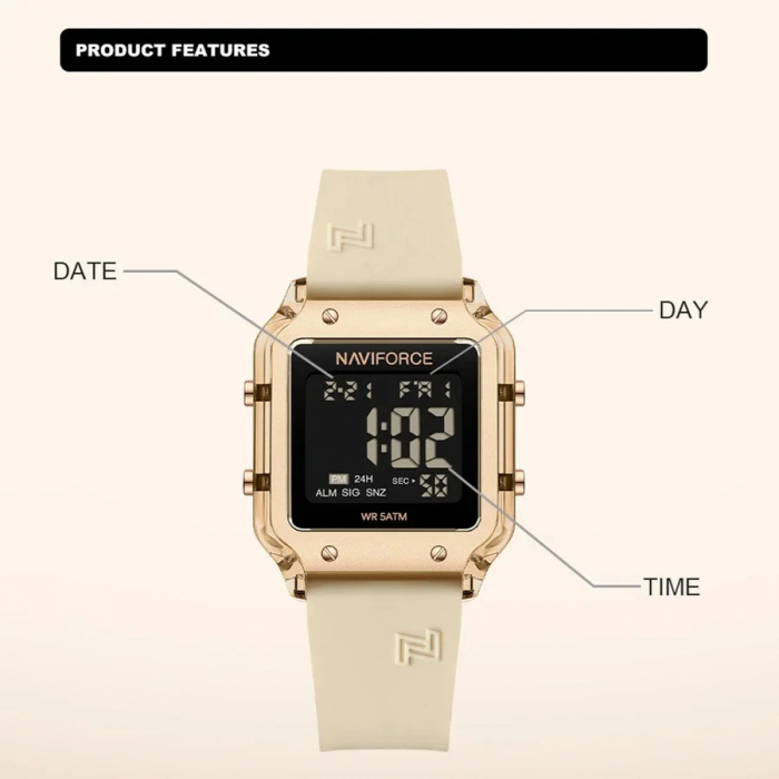 Ceas Dama Naviforce 6105 Crem - Afișaj Digital, Sport, Casual, Alarmă, Rezistent la Apă 5ATM [5]