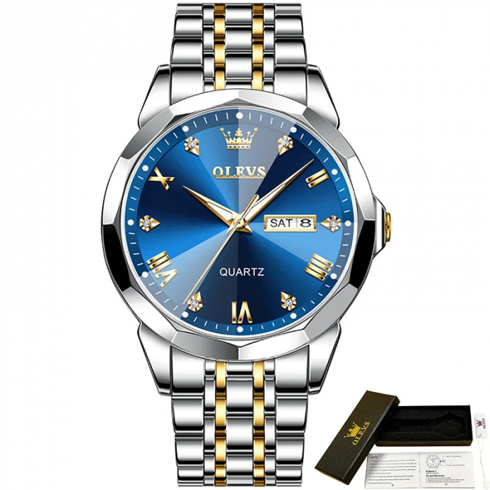 Ceas dama Olevs Quartz Analog Data Otel ArgintiuAlbastru [2]