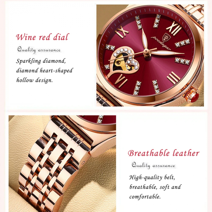 Ceas dama Poedagar Quartz Analog Fashion Indici Luminosi Bratara Auriu Visiniu [3]