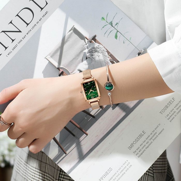 Ceas dama Rose&Bee Clasic Analog Curea pieleCeas dama Rose&Bee Clasic Analog Bratara Otel Auriu [2]