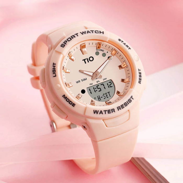 Ceas dama TIO Digital Analog Quartz Alarma Data Rezistent la apa Roz [5]