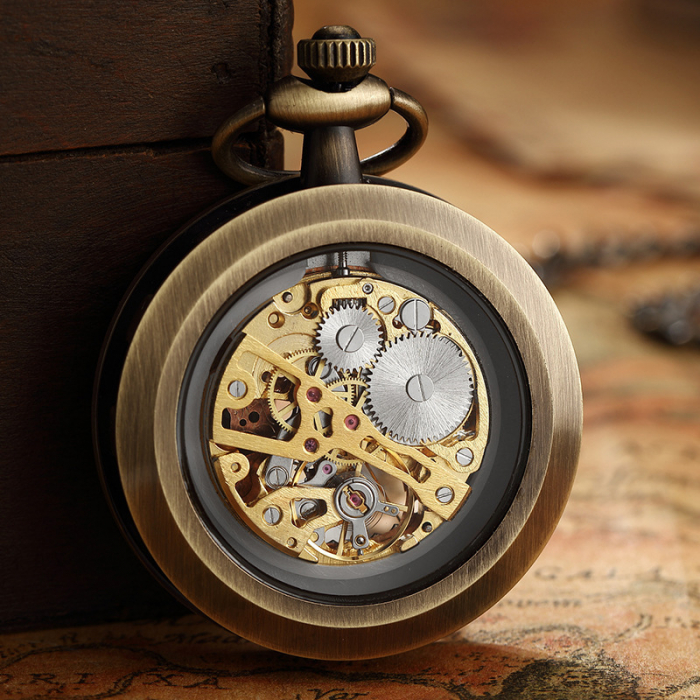 Ceas de buzunar, Gorben, Clasic, Vintage, Mecanic, Skeleton, Lant, Cifre romane, Auriu Negru [2]