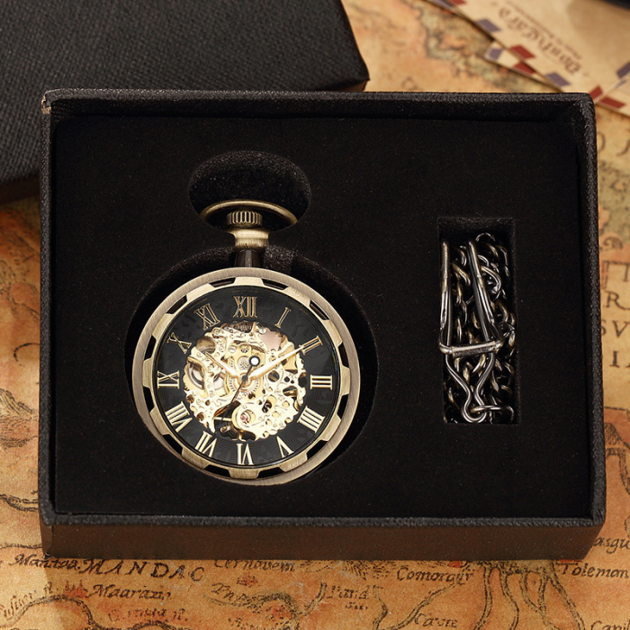 Ceas de buzunar, Gorben, Clasic, Vintage, Mecanic, Skeleton, Lant, Cifre romane, Auriu Negru [4]