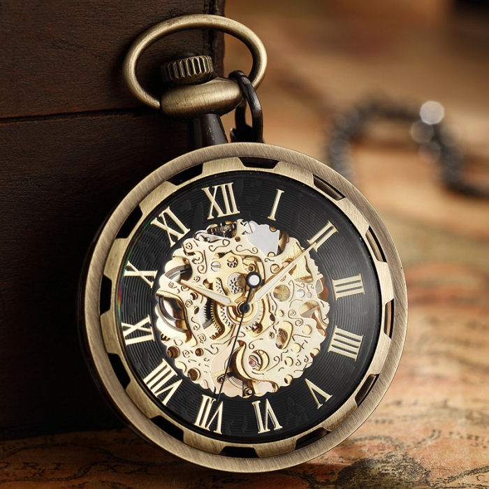 Ceas de buzunar, Gorben, Clasic, Vintage, Mecanic, Skeleton, Lant, Cifre romane, Auriu Negru [5]