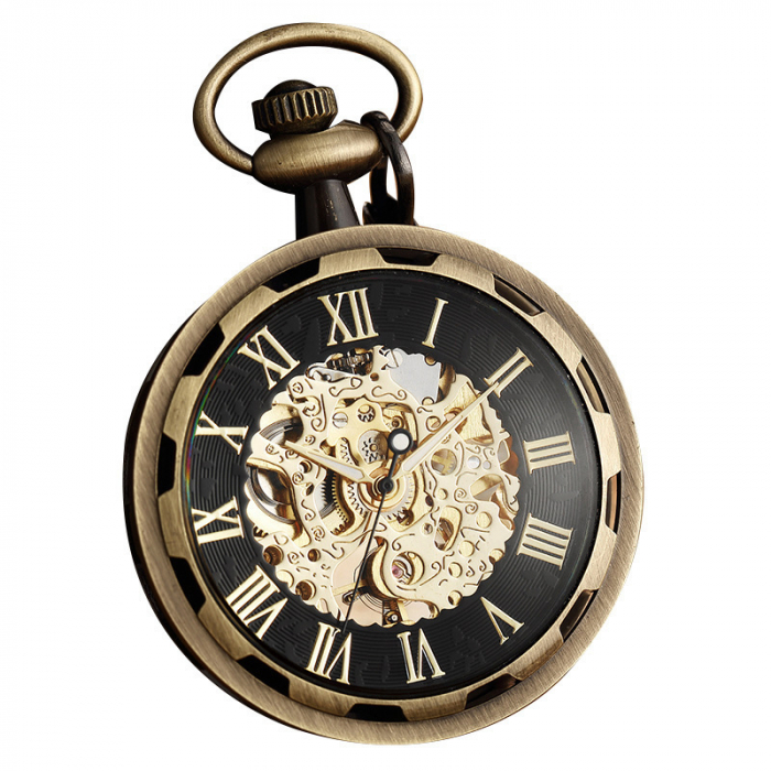 Ceas de buzunar, Gorben, Clasic, Vintage, Mecanic, Skeleton, Lant, Cifre romane, Auriu Negru [1]