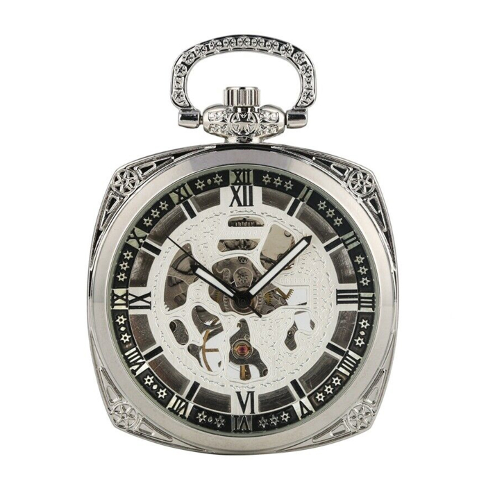 Ceas de buzunar Gorben P009 Argintiu - Steampunk Mecanic, Afișaj cu Cifre Romane, Cu Lant Vintage Retro [1]