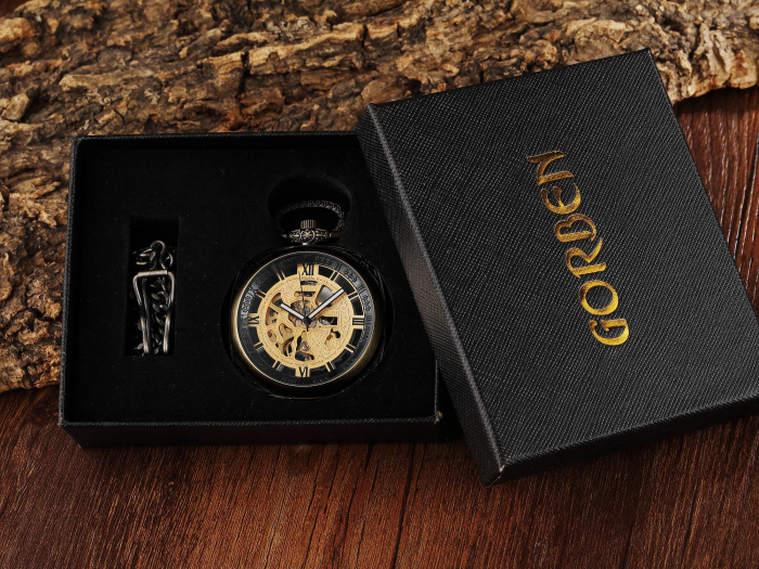 Ceas de buzunar Gorben P009 Bronz-Auriu - Steampunk Mecanic, Afișaj cu Cifre Romane, Cu Lant Vintage Retro [6]