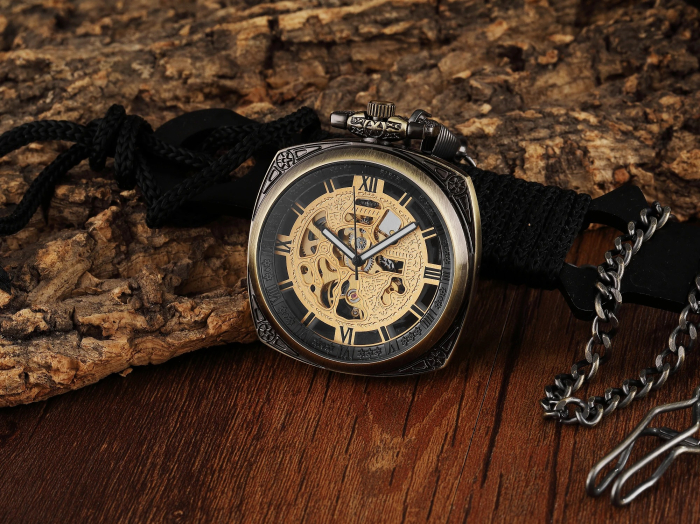 Ceas de buzunar Gorben P009 Bronz-Auriu - Steampunk Mecanic, Afișaj cu Cifre Romane, Cu Lant Vintage Retro [5]