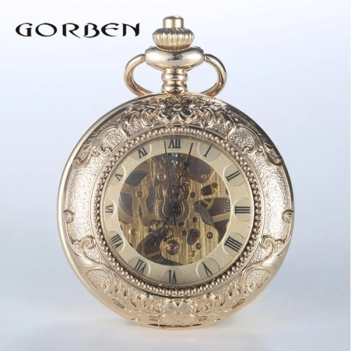 Ceas de buzunar Gorben PM006 Auriu - Luxury, Skeleton Mecanic, Steampunk, Afișaj cu Cifre Romane, Cu Lant Vintage Retro [6]