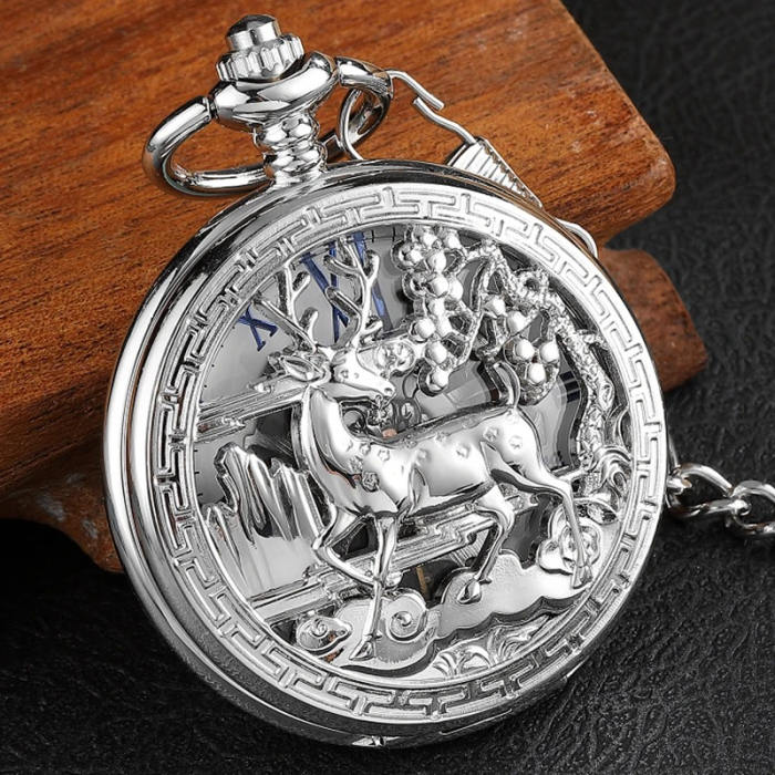 Ceas de buzunar Gorben PM076 Argintiu - Steampunk, Mecanic, Afișaj cu Cifre Romane, Cu Lant Vintage Retro [2]