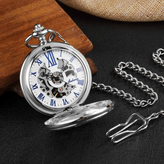 Ceas de buzunar Gorben PM076 Argintiu - Steampunk, Mecanic, Afișaj cu Cifre Romane, Cu Lant Vintage Retro [5]
