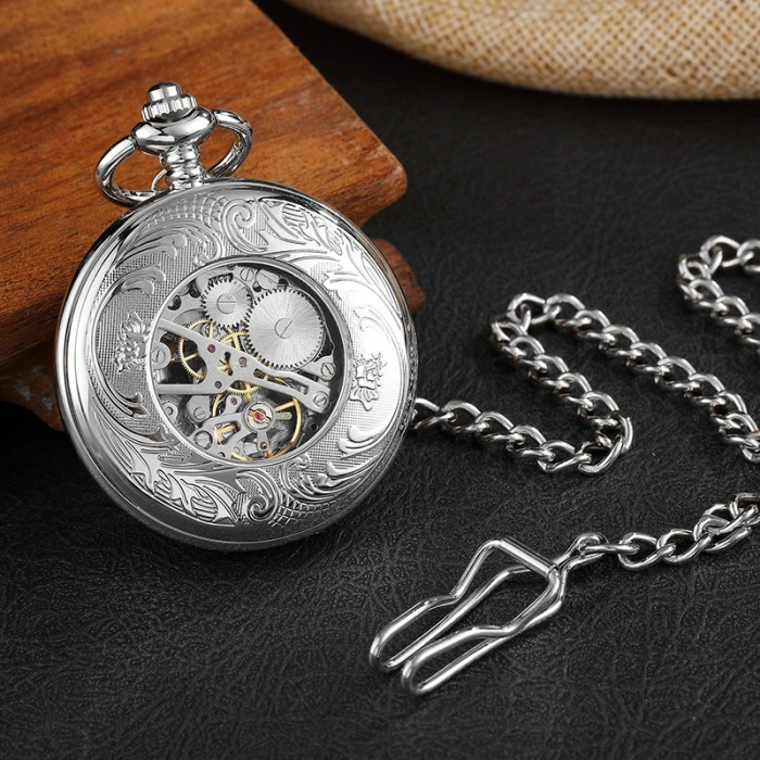Ceas de buzunar Gorben PM076 Argintiu - Steampunk, Mecanic, Afișaj cu Cifre Romane, Cu Lant Vintage Retro [3]