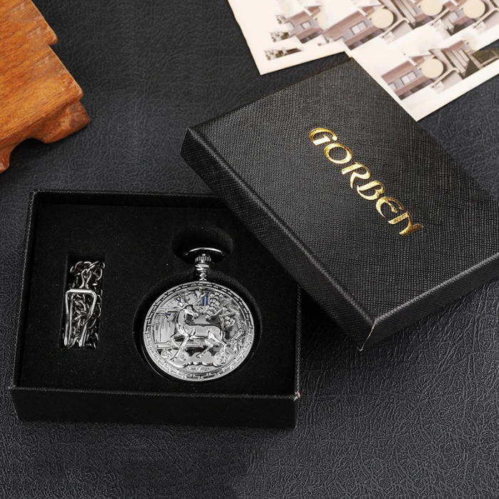 Ceas de buzunar Gorben PM076 Argintiu - Steampunk, Mecanic, Afișaj cu Cifre Romane, Cu Lant Vintage Retro [6]