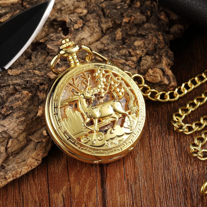 Ceas de buzunar Gorben PM076 Auriu - Steampunk, Mecanic, Afișaj cu Cifre Romane, Cu Lant Vintage Retro [2]
