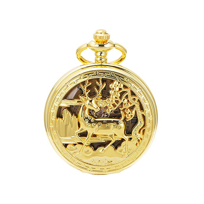Ceas de buzunar Gorben PM076 Auriu - Steampunk, Mecanic, Afișaj cu Cifre Romane, Cu Lant Vintage Retro [1]