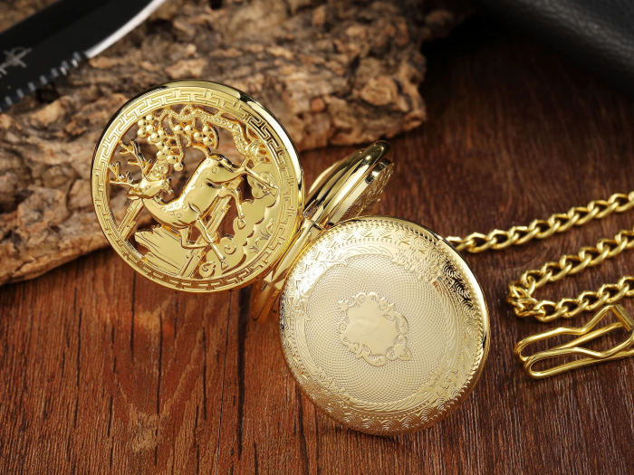 Ceas de buzunar Gorben PM076 Auriu - Steampunk, Mecanic, Afișaj cu Cifre Romane, Cu Lant Vintage Retro [5]